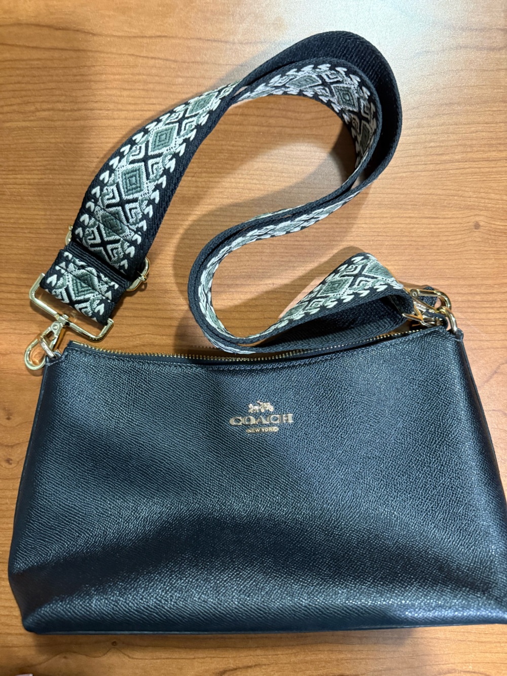 Coach Black Pebbled Leather Crossbody with Patterned Strap and Gold Hardware